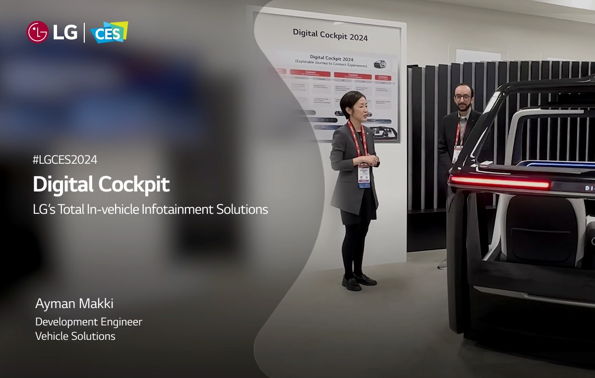 Image of a femail staff addresses LG's total in-vehicle infotainment solutions presentation