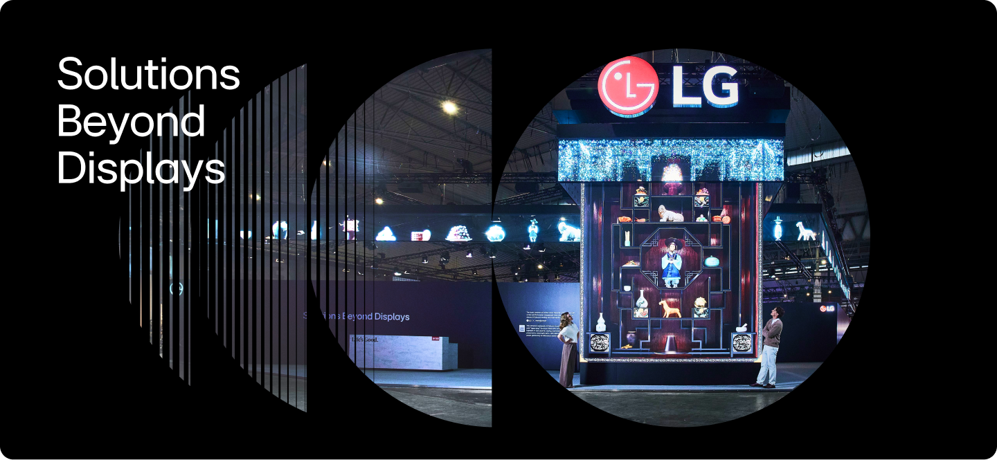 LG booth at ISE 2026 featuring a massive three-sided LED Tower and Transparent Mesh LED creating an immersive gateway