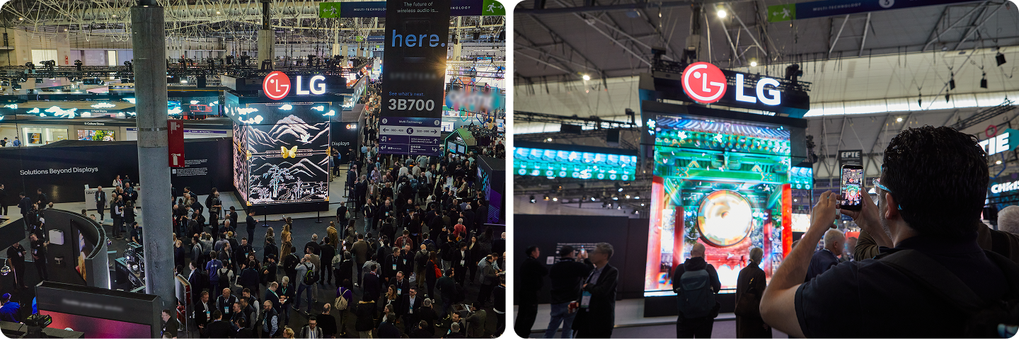 Crowds gathered to witness the visual impact of LG’s Media Facade, which blends high-definition Fine Pitch LED with Transparent Mesh technology.  A visitor captured the dynamic visual display of the media façade on their smartphone, reflecting the high level of engagement at ISE 2026.