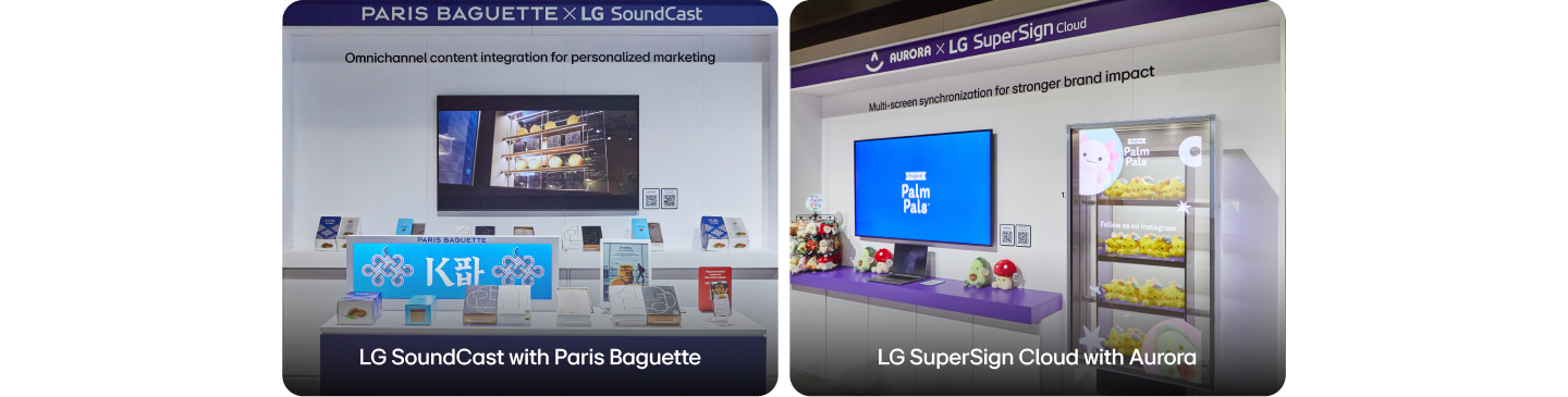 The Paris Baguette zone displayed a premium K-bakery environment, where LG digital signage and LG SoundCast technology integrated seamlessly with physical gift boxes and branded displays.  The Aurora World zone showcased content synchronized through LG SuperSign Cloud across multiple signage displays, unifying branding and efficient promotion management in a colorful toy store setting.