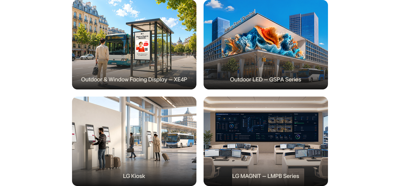 Showing LG's outdoor and indoor display series; 1. Top Left: XE4P — "LG XE4P window-facing display showing an orange ad at a European bus shelter." 2. Top Right: GSPA Series — "Curved LG GSPA outdoor LED with a wave visual wrapping a transit terminal façade." 3. Bottom Left: LG Kiosk — "LG self-service Kiosks serving travelers in a sunlit station concourse." 4. Bottom Right: LG MAGNIT (LMPB) — "LG MAGNIT LMPB video wall showing monitoring dashboards in a transit control room."