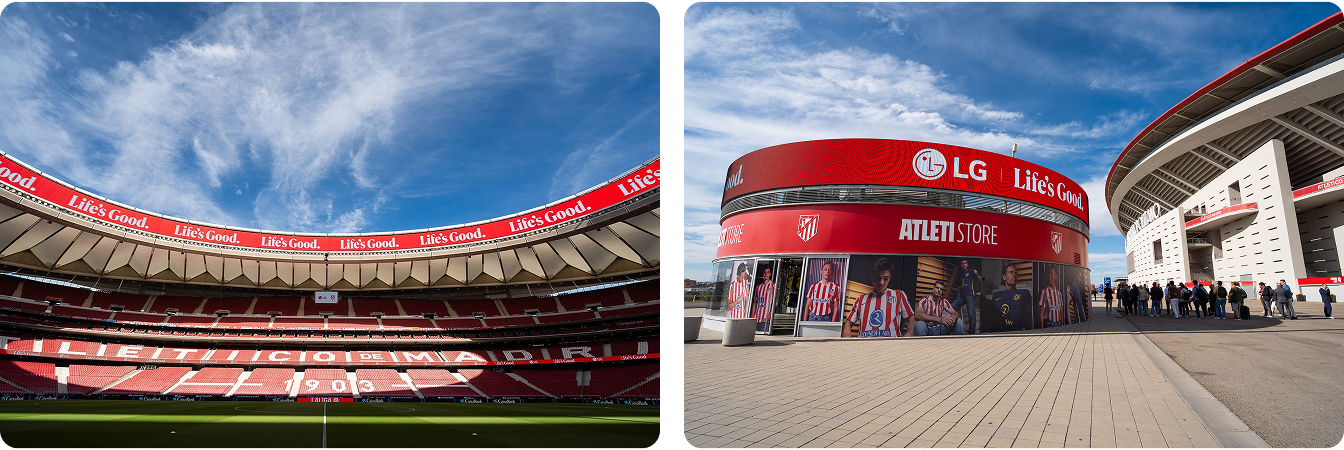 Aerial view of the Riyadh Air Metropolitano stadium in Madrid with LG's Mesh LED ribbon board displaying "Life's Good" around the upper tier and outside view of the Riyadh Air Metropolitano stadium