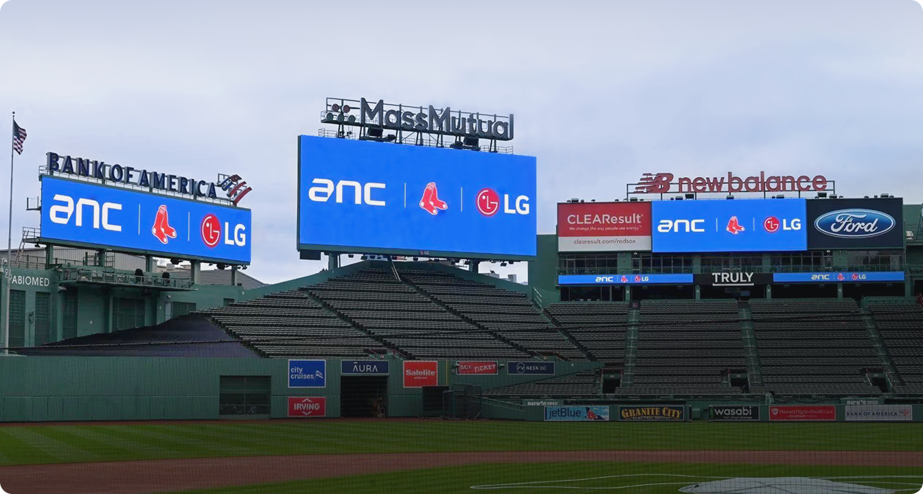 LG outdoor LED videoboard at Fenway Park centerfield showcasing the LG, Boston Red Sox and ANC partnership during MLB game day