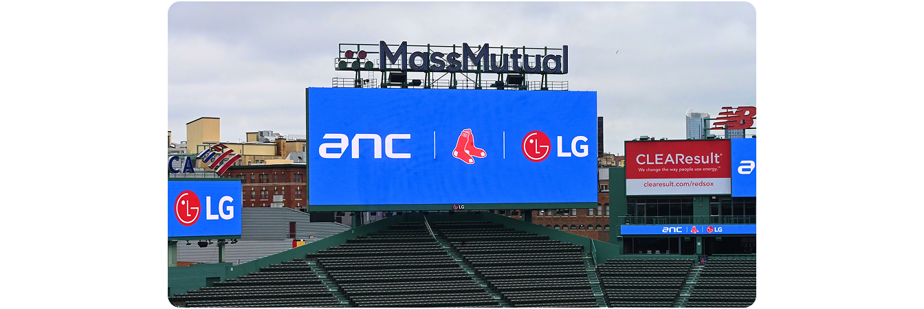 LG outdoor LED videoboard at Fenway Park centerfield showcasing the LG, Boston Red Sox and ANC partnership during MLB game day