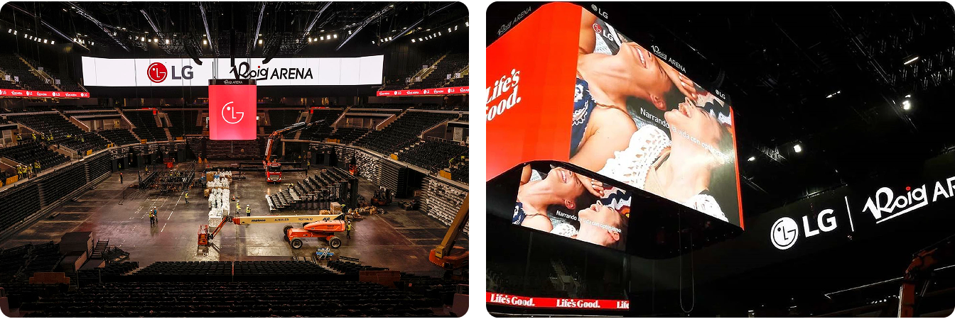 LG's central LED scoreboard inside Roig Arena displaying a "Life's Good." campaign visual, with the LG | Roig Arena co-branding sign and LED ribbon board visible below