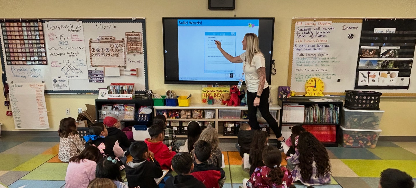 LG Powers interactive learning environment at Rose Salgado Elementary School — students engaged in classroom activities using digital boards and educational tools in a modern K-5 campus