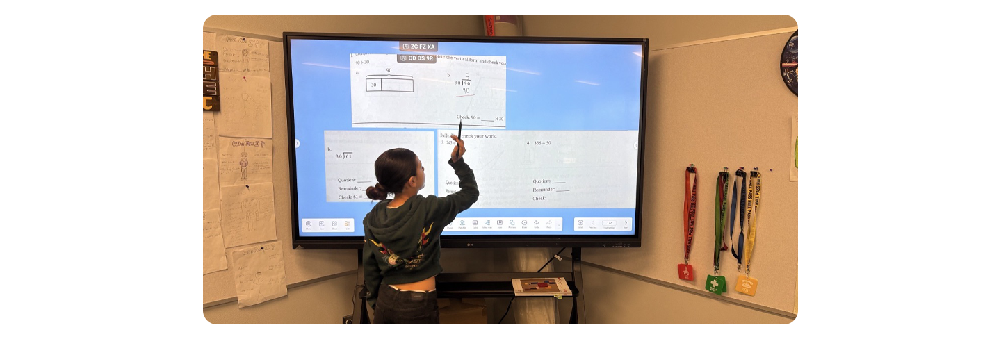 LG Powers interactive learning environment at Rose Salgado Elementary School — students engaged in classroom activities using digital boards and educational tools in a modern K-5 campus