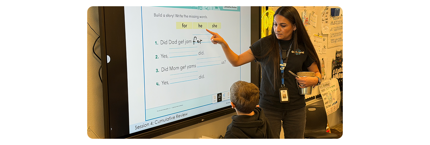 LG Powers interactive learning environment at Rose Salgado Elementary School — students engaged in classroom activities using digital boards and educational tools in a modern K-5 campus