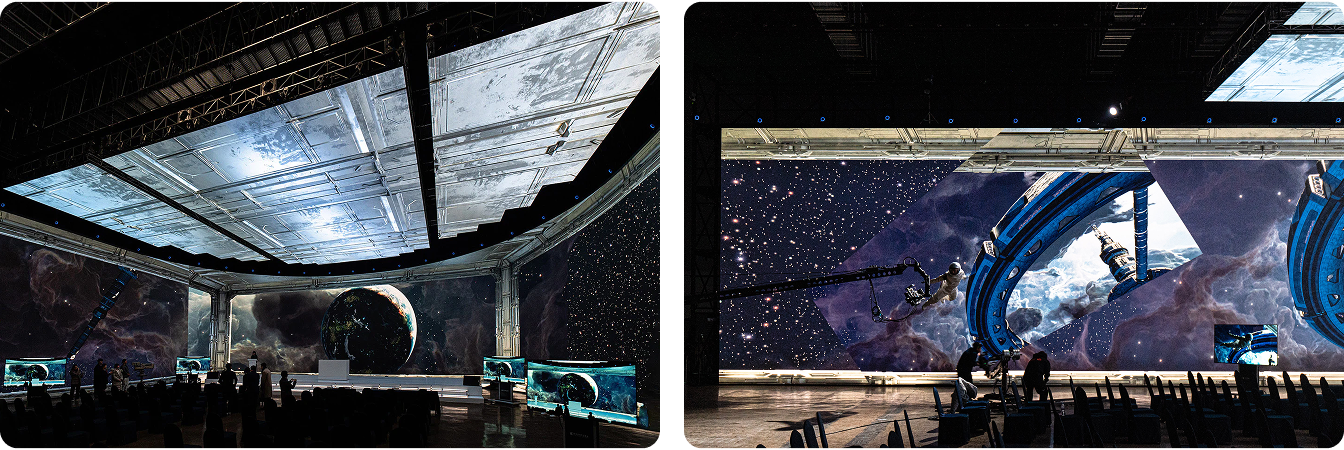 Interior of Studio V virtual production stage at StudioCube, Daejeon, featuring LG's J-shaped LED wall and ceiling LED panels displaying a space environment