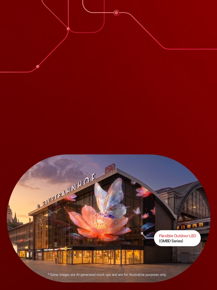 LG Flexible Outdoor LED (GMBD Series) installed on a railway station facade, displaying a vibrant digital art piece.