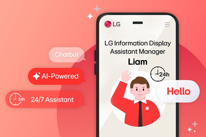 LG Information Display Assistant Manager Liam chatbot on smartphone interface. LG AI-powered 24/7 assistant providing fast, tailored answers for customers.