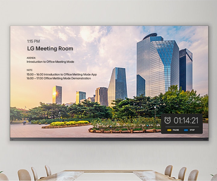 The LG all-in-one led is installed on the meeting room wall and displays details such as the room number, meeting agenda, and timer through its Office Meeting Mode.