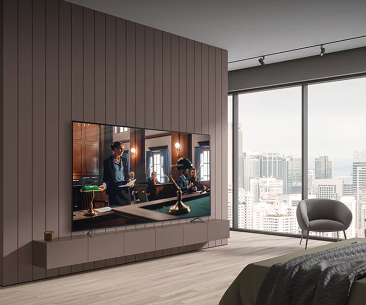 LG Hotel TV installed in a modern hotel suite, delivering premium in-room entertainment with smart services and real-time information for enhanced guest experience.