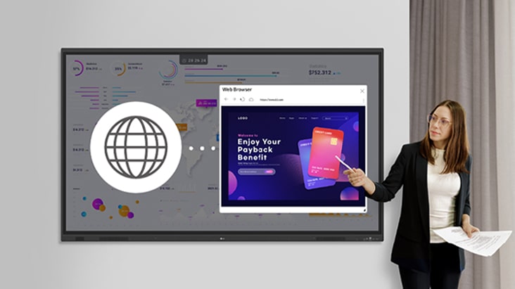 During the presentation, a woman is using the web browser feature, searching in real time, and sharing the results with others.
