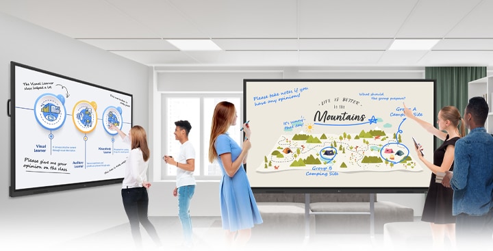 In the ideation space of the lecture room, there are two smart boards—one mounted on the wall and the other a stand-alone unit. Students freely share their opinions by writing on them.