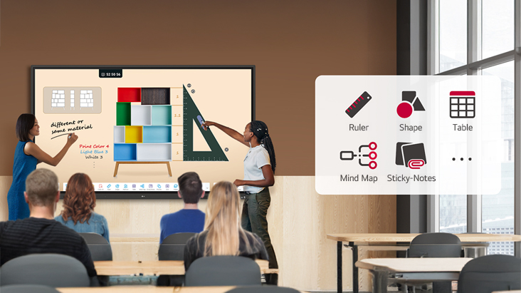 In the ideation space of the lecture room, there are two smart boards—one mounted on the wall and the other a stand-alone unit. Students freely share their opinions by writing on them.