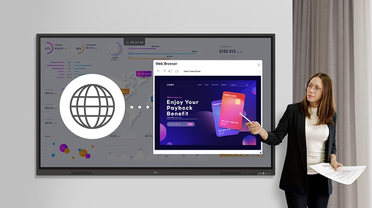 During the presentation, a woman is using the web browser feature, searching in real time, and sharing the results with others.