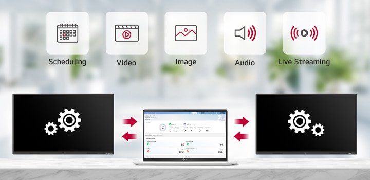 LG ConnectedCare enables the remote management of the LG CreateBoard and digital signage for scheduling, broadcasting videos, images, and audio, as well as live streaming.