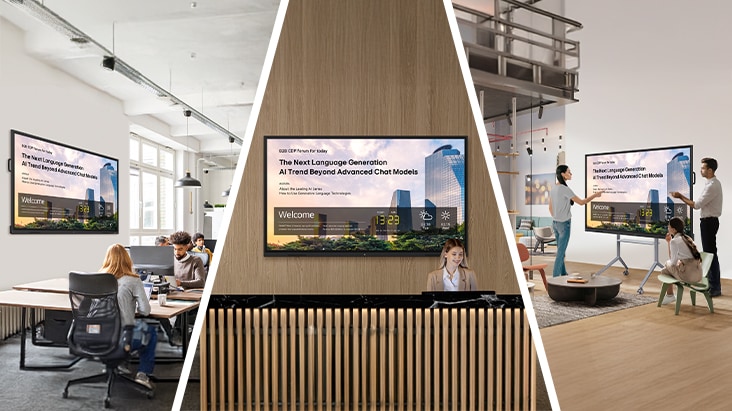 Company notices are remotely broadcast on multiple screens installed in the office, lobby, and break area.