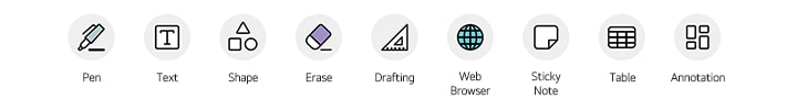 Pen, Text, Shape, Erase, Drafting, Web Browser, Sticky Note, Table, Annotation