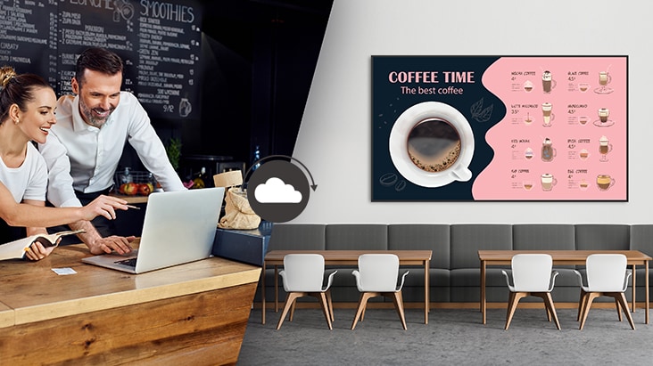 Café managers are creating menus that will be displayed on the display installed on the café wall using content management software.