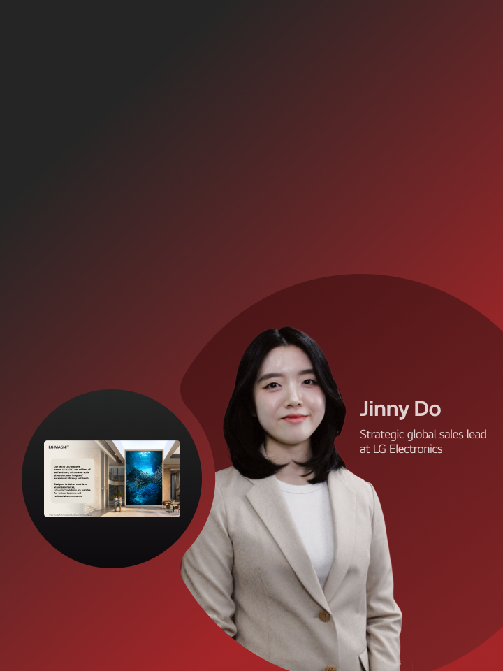 LG’s Global Sales Lead presenting as the main speaker, with a thumbnail image of the presentation materials displayed beside her.