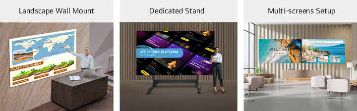 Multiple LASA136 displays, installed on the wall with a landscape wall mount, with a dedicated stand, and side by side as two displays in a multi-screen setup, are shown in three different images.