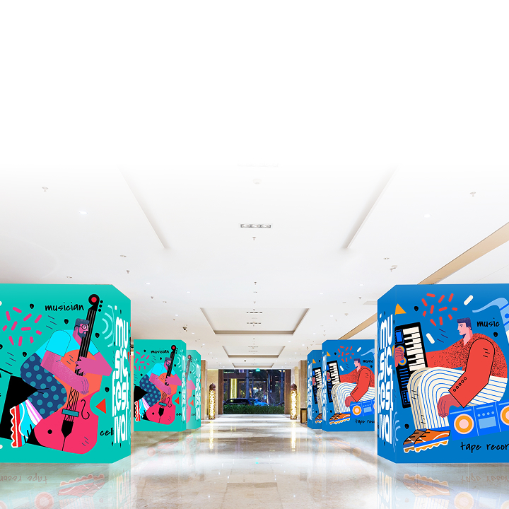 LG LED signage wrapping around columns in a modern lobby, displaying colorful music festival graphics. LG digital signage solutions enhancing creative indoor advertising and brand experiences