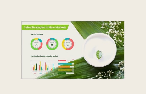 Business presentation slide showing sales strategies, colorful market analysis charts, and graphs placed alongside natural green leaves and skincare cream for eco-friendly branding.