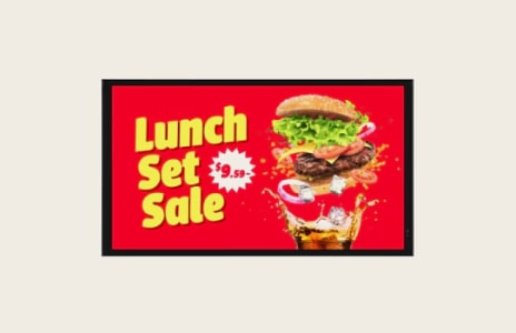 Digital signage menu showing burger set with fries and drink, labeled "Lunch Set".