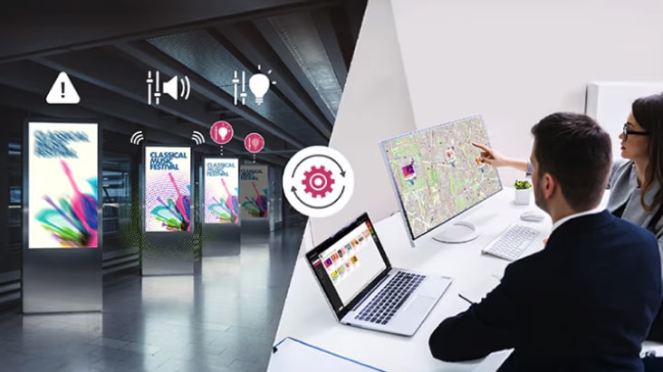 This image illustrates changing the settings of installed signage. The left image shows the ability to detect screen errors, adjust volume, and control brightness. The right image showcases how administrators can remotely manage signage without the need for on-site visits when issues arise.