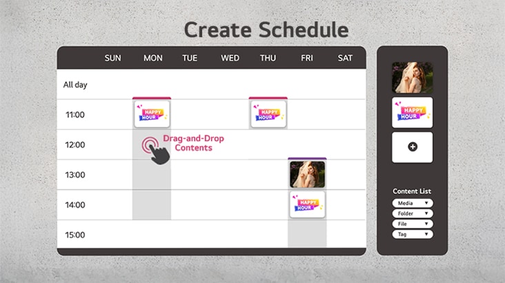 The example shows how to easily set up content distribution schedules using the drag and drop feature.