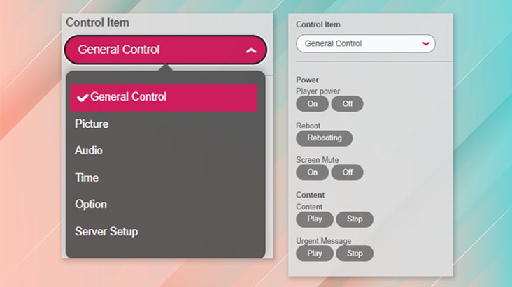 The image shows an example of device control using LG SuperSign CMS.