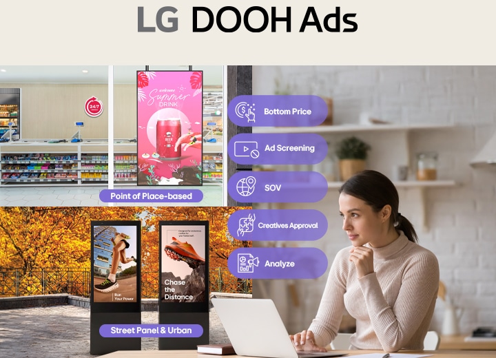 This image illustrates a user setting up an advertising campaign to be delivered to indoor and outdoor signage remotely using LG DOOH Ads. LG DOOH Ads is an advertising solution that provides key features for ad operations, including ad exposure management, creative approval, and performance analysis.