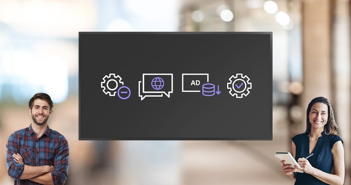 This image features a man and a woman standing next to a monitor displaying LG DOOH Ads' Programmatic Ads options, highlighted by simple icons. It indicates that users can set preferences such as content filtering, language settings, bottom price settings, and content approval.