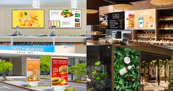 Using LG DOOH Ads, advertising campaigns can be configured and delivered to digital signage across various indoor and outdoor spaces. The image illustrates examples of LG DOOH Ads being used in different environments such as convenience stores, cafés, QSR locations, and beauty shops.