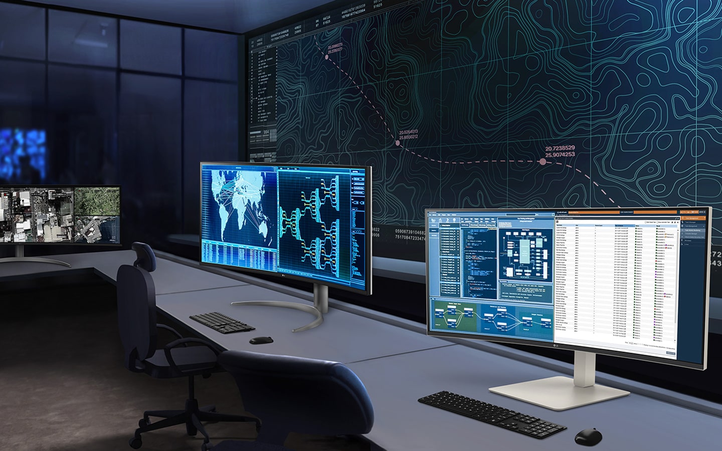 Control room with multiple monitors displaying maps, data, and surveillance feeds
