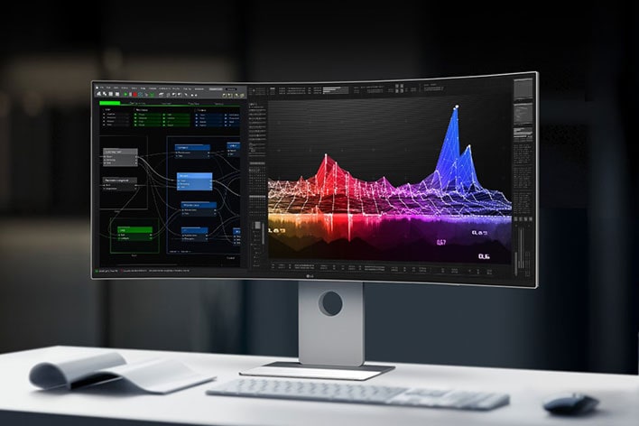A curved LG monitor on a desk displaying data visualization with colorful graphs and charts.