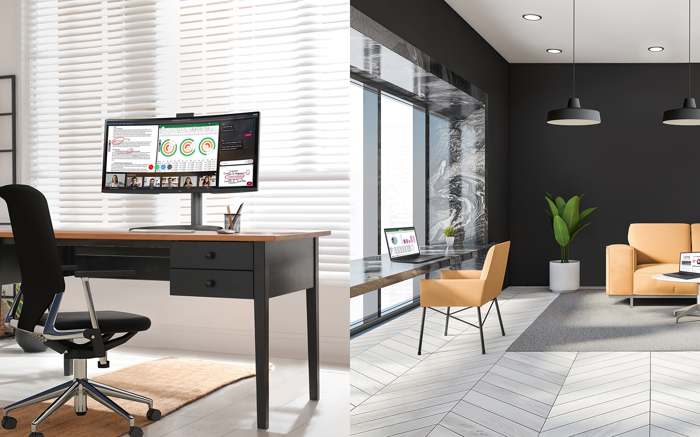 Home office desk with monitor and chair in a bright room