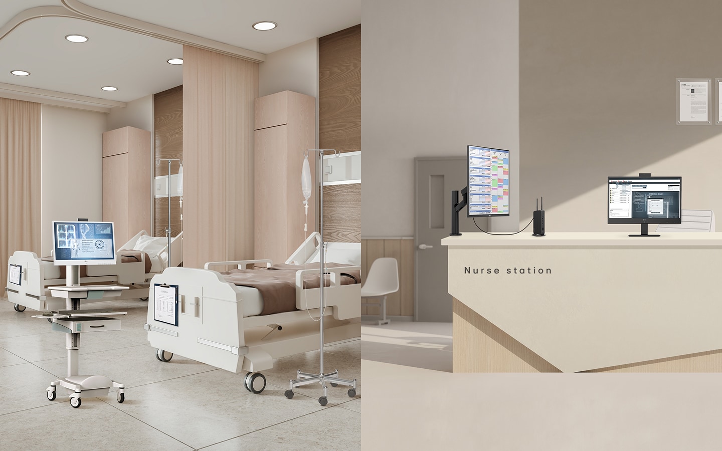 Hospital ward and reception area equipped with monitors and thin client devices