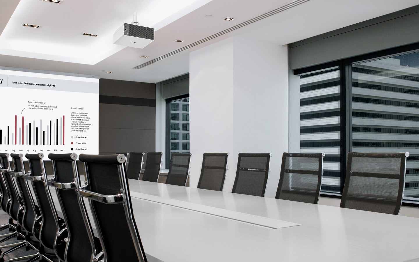 LG projector in a corporate boardroom, projecting presentation charts on a large wall screen.