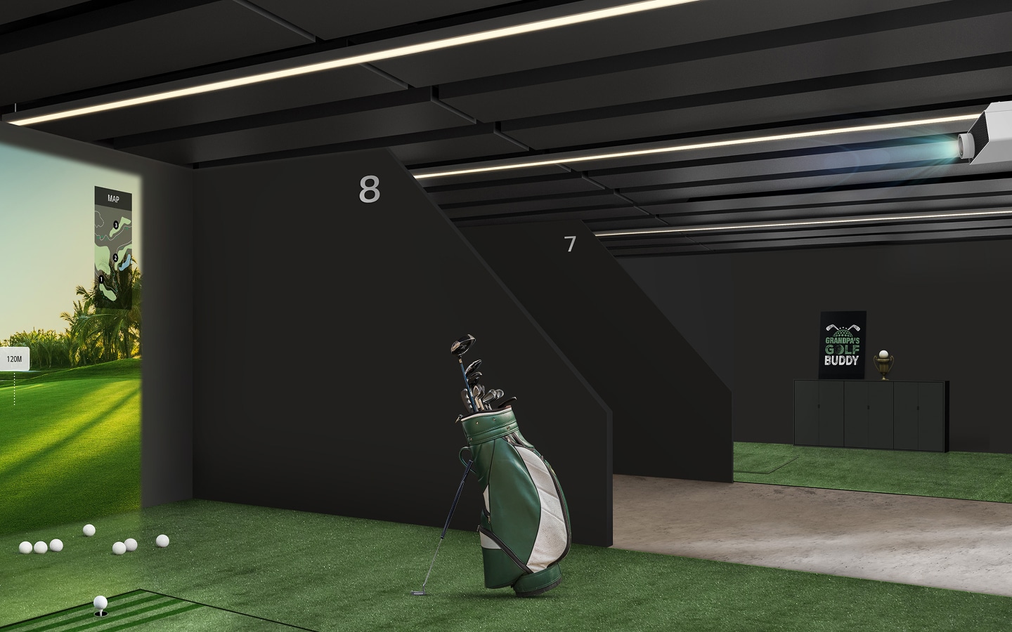 Indoor golf simulator setup with LG projector displaying a realistic golf course scene on the wall.