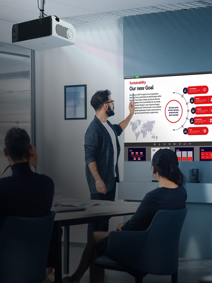 LG projector enabling global teamwork with large display for hybrid meeting collaboration