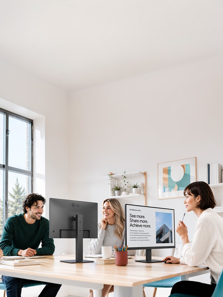 People collaborating around LG business monitors in a modern office workspace, showcasing professional display solutions