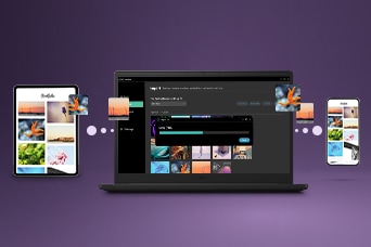 This image shows how to conncect phone to laptop wirelessly, with photos and files being transferred between devices, illustrating seamless multi-device file sharing through LG gram Link.