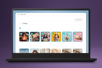 This image shows the laptop screen displaying a photo library interface with categorized image thumbnails, highlighting AI-powered photo search and organization on LG gram Link.