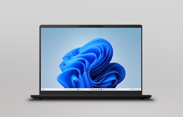 This image shows the slim LG gram AI laptop viewed from the front against a minimalist background.