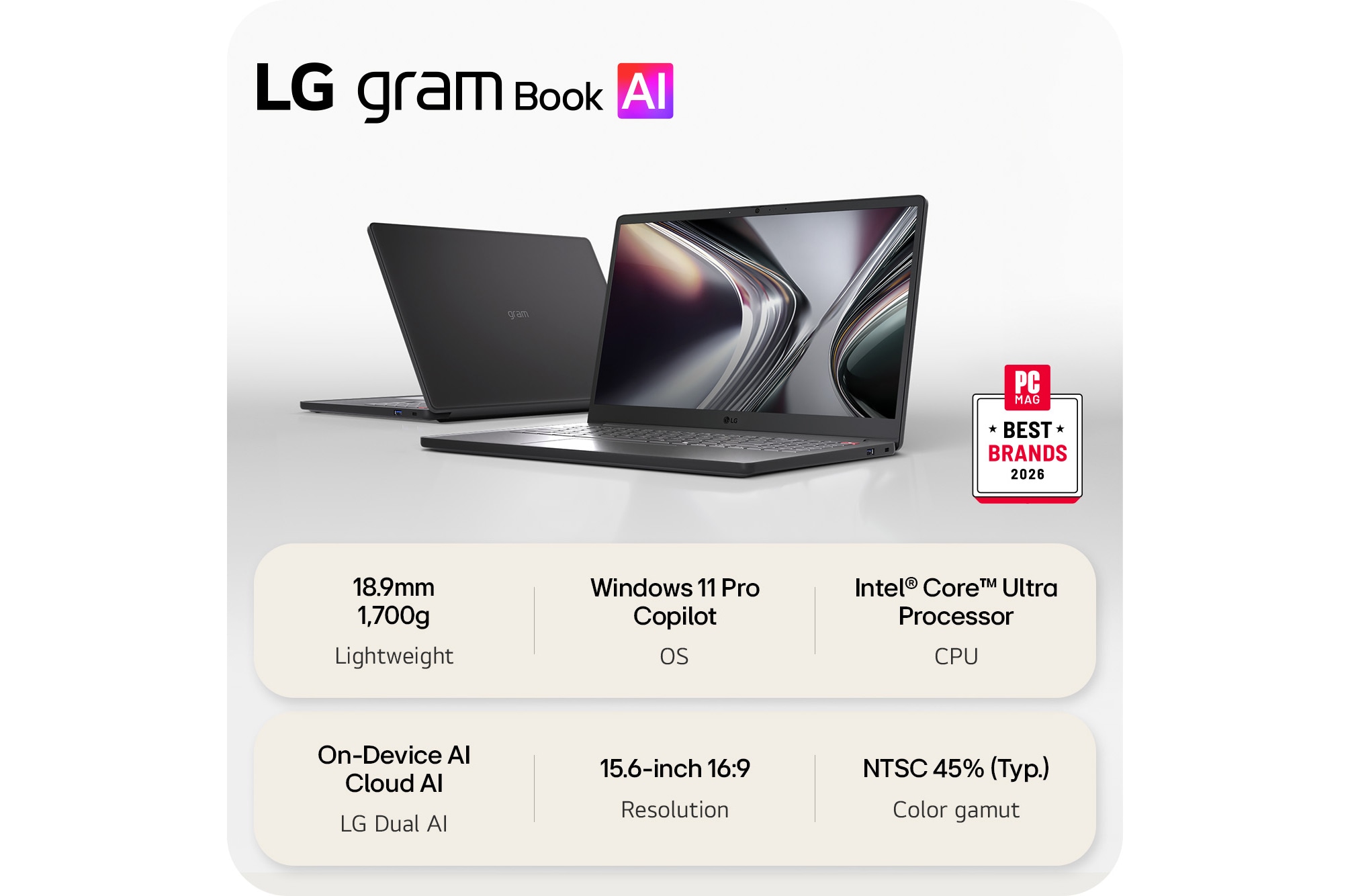This image shows two lightweight laptops displayed on a bright background. One laptop is angled to highlight its slim, compact rear design, while the other is open, emphasizing a thin and lightweight build, with key specifications shown below.