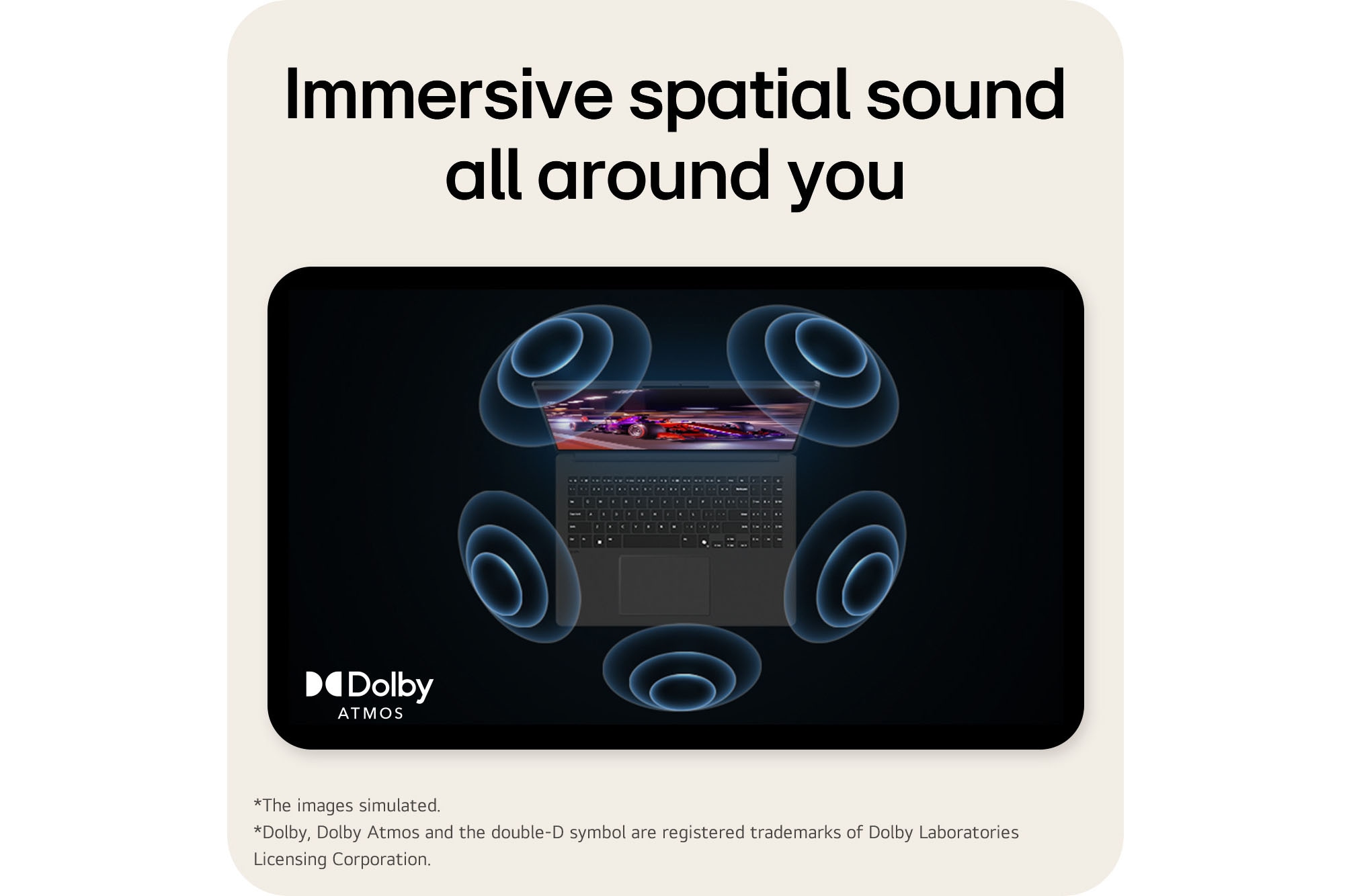 The image shows a top-down view of a laptop with a vibrant, purple-themed graphic on the screen. Surrounding the laptop are dynamic sound wave visuals, indicating an immersive audio experience. The "Dolby Atmos" logo is displayed in the bottom right corner.