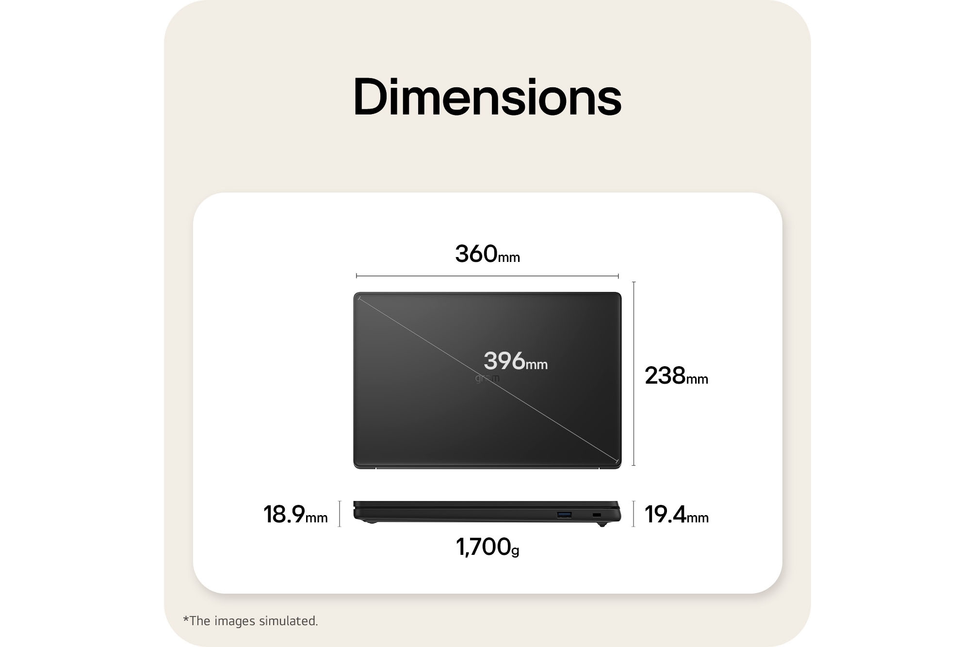 This image shows a dimensions diagram of the LG gram laptop, indicating the top view width and height, a diagonal size, and the side view showing thickness and weight.
